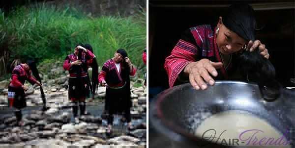 Китайские женщины ополаскивают длинные волосы рисовой водой